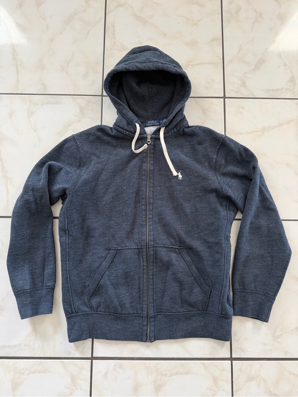 Ralph Lauren Men’s Navy Zip-Up Waffle Hoodie with Cream Drawstrings